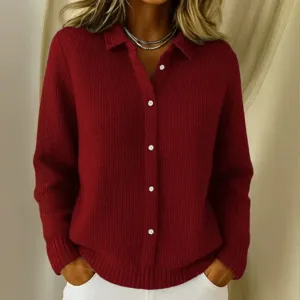 Detailed view of women waffle knit long sleeve button down cardigan sweater in burgundy color.