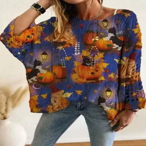 Women hollow out batwing sleeve Halloween pumpkin cat print casual knit sweater top