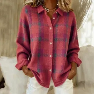 Women's pink plaid knit cardigan sweater with lapel collar and buttons for casual daily wear.