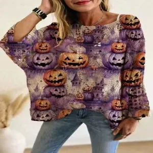 Halloween pumpkin print off shoulder hollow long sleeve sweater for women casual wear