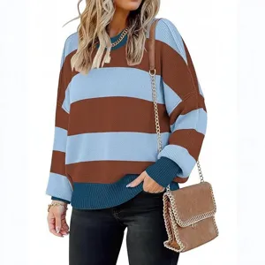 Blue and brown striped knit sweater detail, loose lantern sleeve pullover, casual streetwear.