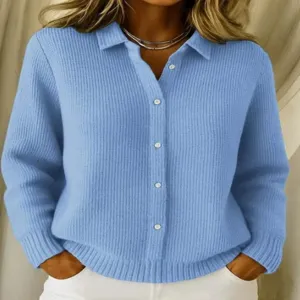 Women's Casual Long Sleeve Cardigan Autumn Winter Waffle Knit Lapel Single Breasted Button Down Solid Color Sweater Top