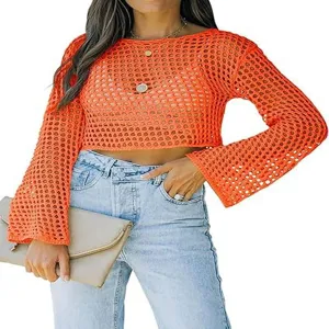 Jersey corto naranja de punto calado manga larga para mujer moda de primavera.