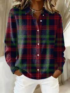 Women long sleeve plaid shirt casual lapel single breasted button down top for autumn.