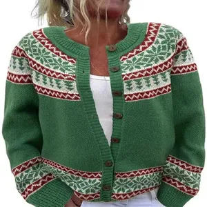 Detailed view of the women's green Christmas jacquard knitted cardigan with round neck.
