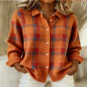 Women's orange plaid lapel knitted cardigan sweater button down casual long sleeve top