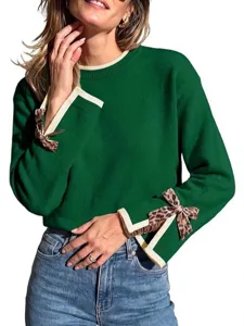 Women green knit sweater with leopard bow cuffs, chic autumn winter crewneck pullover top.