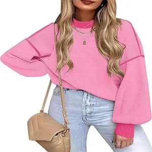 Women round neck lantern sleeve sweater casual loose knit pullover top fashion wear