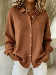 Waffle knit button-down cardigan for women, casual long sleeve sweater top in solid color.