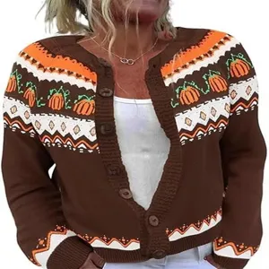 Close-up detail view of the brown knitted cardigan featuring decorative pumpkin and geometric motifs.