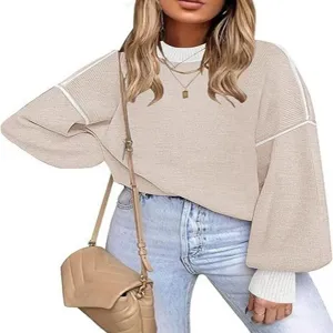 Women's casual crewneck lantern sleeve knit sweater solid color loose pullover top fashion