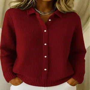 Women's Burgundy Knitted Cardigan Sweater Long Sleeve Lapel Button Down Casual Tops