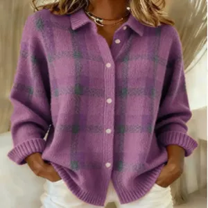 Women's purple plaid knitted cardigan lapel button down sweater top for casual daily wear