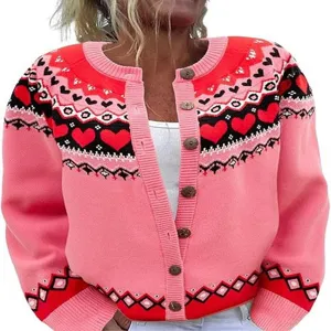 Pink knit cardigan sweater with heart jacquard pattern, long sleeve button down knitwear.