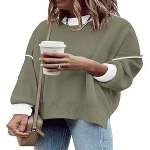 Women's casual round neck lantern sleeve knit sweater pullover with color block details main view