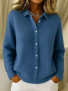Blue waffle knit long sleeve button down cardigan sweater for women autumn winter casual outfit
