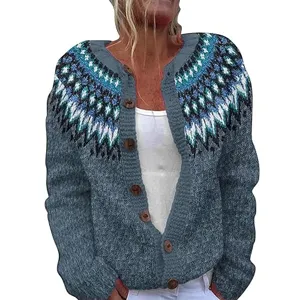Nordic fair isle knit cardigan sweater featuring retro wooden buttons and geometric pattern.