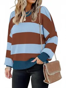 Women Casual Round Neck Lantern Sleeve Striped Knit Pullover Loose Fashion Sweater