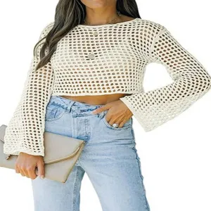 Suéter de Punto Holgado de Manga Larga con Cuello Redondo y Calado Casual para Mujer Top de Punto de Moda para Primavera y Otoño
