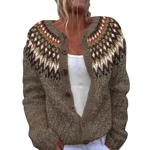 Close-up detail of women brown knit cardigan, exquisite ethnic jacquard pattern collar, buttons.