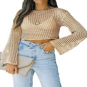 Mujer jersey de punto crochet manga larga cuello redondo crop top casual estilo chic