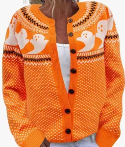 Women Halloween Ghost Jacquard Knit Cardigan Orange Button Down Sweater Outerwear