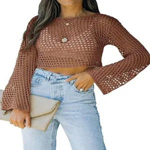 Mujer jersey corto de punto crochet marrón manga larga calado vista principal moda ropa