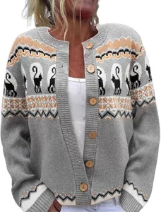 Womens grey knit cardigan sweater featuring ethnic pattern and cat design for daily wear.