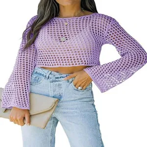 Mujeres Púrpura Ganchillo Manga Larga Crop Top Malla Hueca Jersey Tejido Casual Top