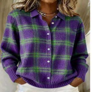 Women casual purple green plaid knitted button up sweater lapel long sleeve top main image