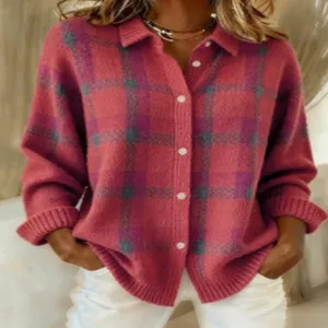 Women's pink plaid knitted cardigan sweater with lapel collar and single-breasted buttons.
