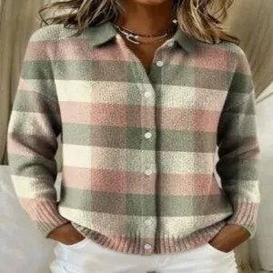 Women plaid knitted cardigan lapel single-breasted long sleeve sweater top casual.