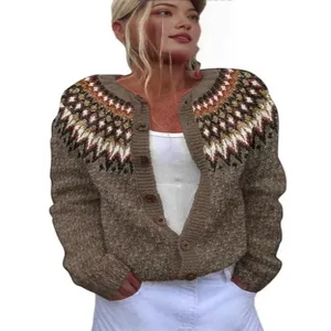 Women ethnic jacquard knit cardigan sweater, cozy button-down outerwear for daily wear.