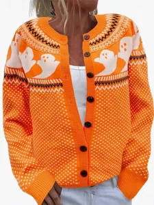 Orange ghost pattern knitted cardigan women's long sleeve button up sweater coat fall fashion