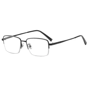 Schwarzer eleganter Halbrand-Brillenrahmen im quadratischen Stil fuer Business und Freizeitwear.