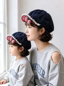 Children denim beret hat detail, vintage newsboy cap with lace trim and cute plaid bows.