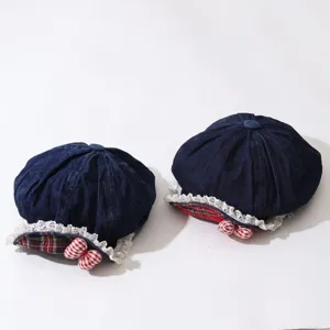 Kids denim beret hat with white lace trim and cute red plaid bows, retro casual children cap.
