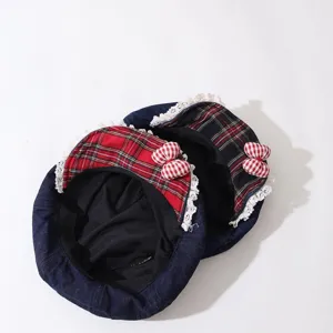 Kids denim beret hat with plaid brim lace trim and bow cute vintage style newsboy cap