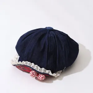 Retro denim children beret with white lace and red plaid balls for cute spring daily wear.