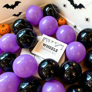 Halloween purple and black balloon set detail showing spooky party decoration props clearly.