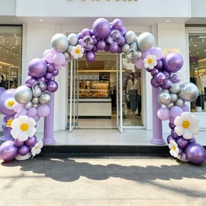Balloon arch decoration kit with purple silver balloons and flower designs for store opening party.