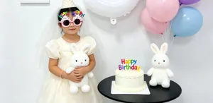 Birthday party decoration props set, cute plush rabbit toy, cake topper and colorful balloons.