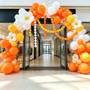 Balloon arch kit for grand opening celebration party decoration, orange white yellow daisy flowers.