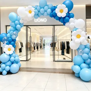 Store opening balloon arch decoration kit with blue white and daisy floral design