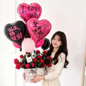 Pink and black heart foil balloons for birthday party decoration and rose bouquet gift set