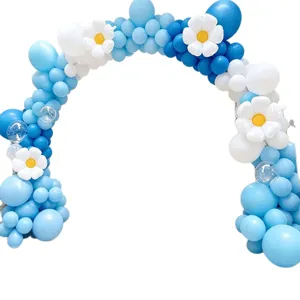 Blue white balloon arch kit with daisy flower clips for party wedding celebration decor.