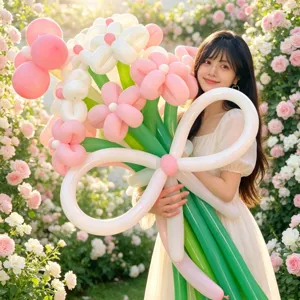 Detailed view of dopamine balloon bouquet DIY set, featuring pastel floral balloons in rose garden.