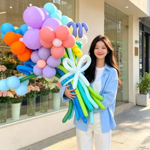 Detailed view of colorful dopamine balloon flower bouquet, ideal for outdoor picnic and party decoration.