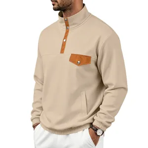 Sudadera de hombre cuello alto casual con bolsillo de contraste color manga larga kaki