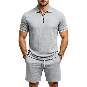 Men summer grey knitted zipper polo shirt and shorts two piece set casual sportswear
